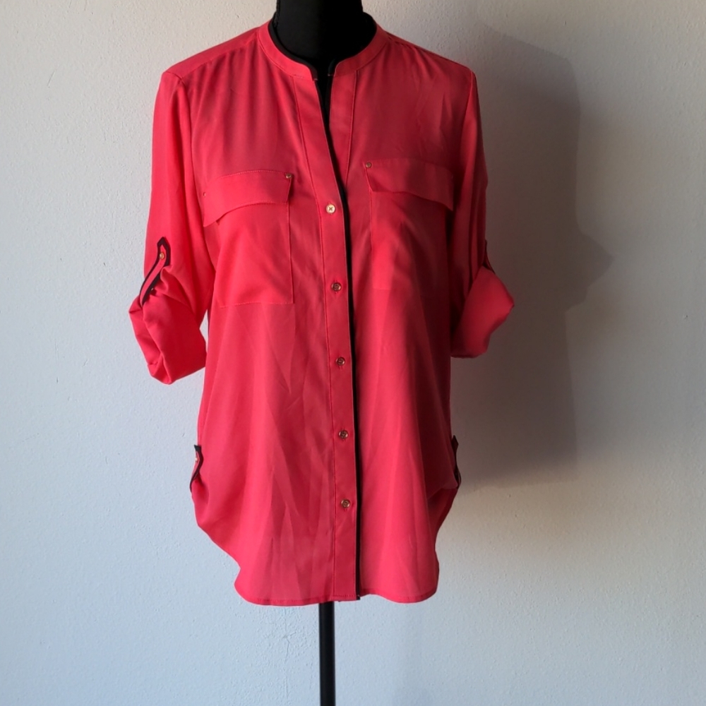 Calvin Klein, Textured Roll Tab Blouse, Bright red